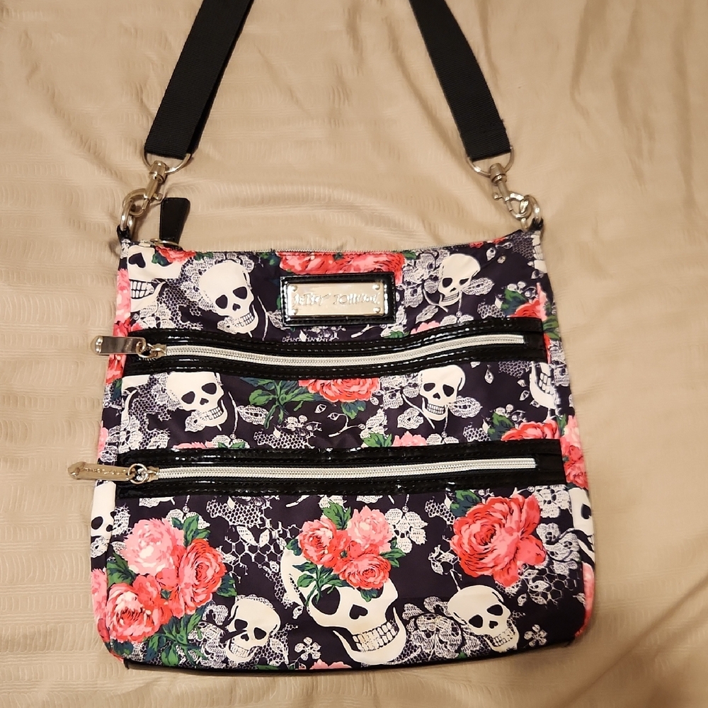 Betsey Johnson Black Floral Skull Crossbody Bag